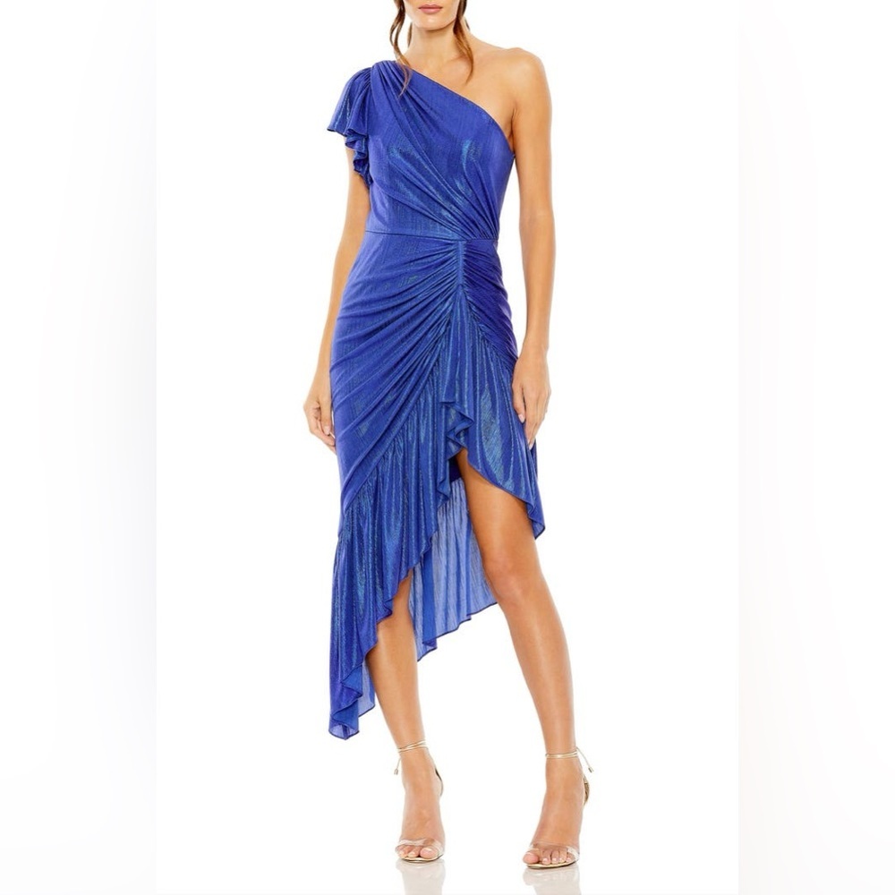 Mac Duggal One Shoulder Flutter Sleeve High Low Dress 
Color: Cobalt | Medium